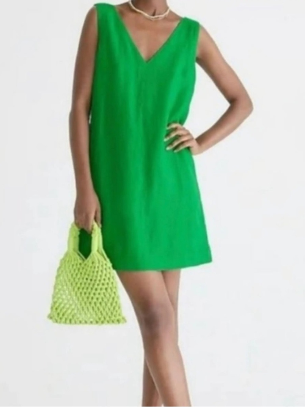 J.Crew Green 100% Linen V Neck Jumper Dress Large Lined Minimalist Preppy